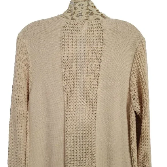 Chico's 2 Size L Cardigan Open Leslie Lace Front Long Jacket Cotton Blend Beige - Picture 9 of 10